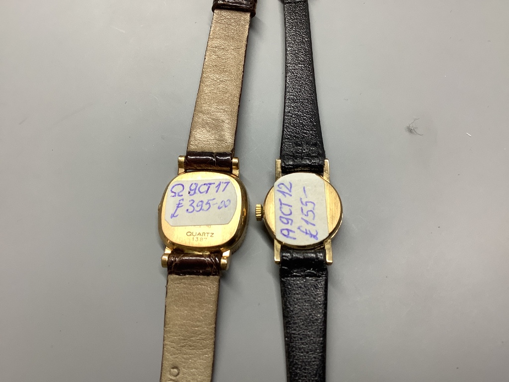 Two lady's modern 9ct gold quartz wrist watches, Omega and Avia, on leather straps, gross 19.3 grams.